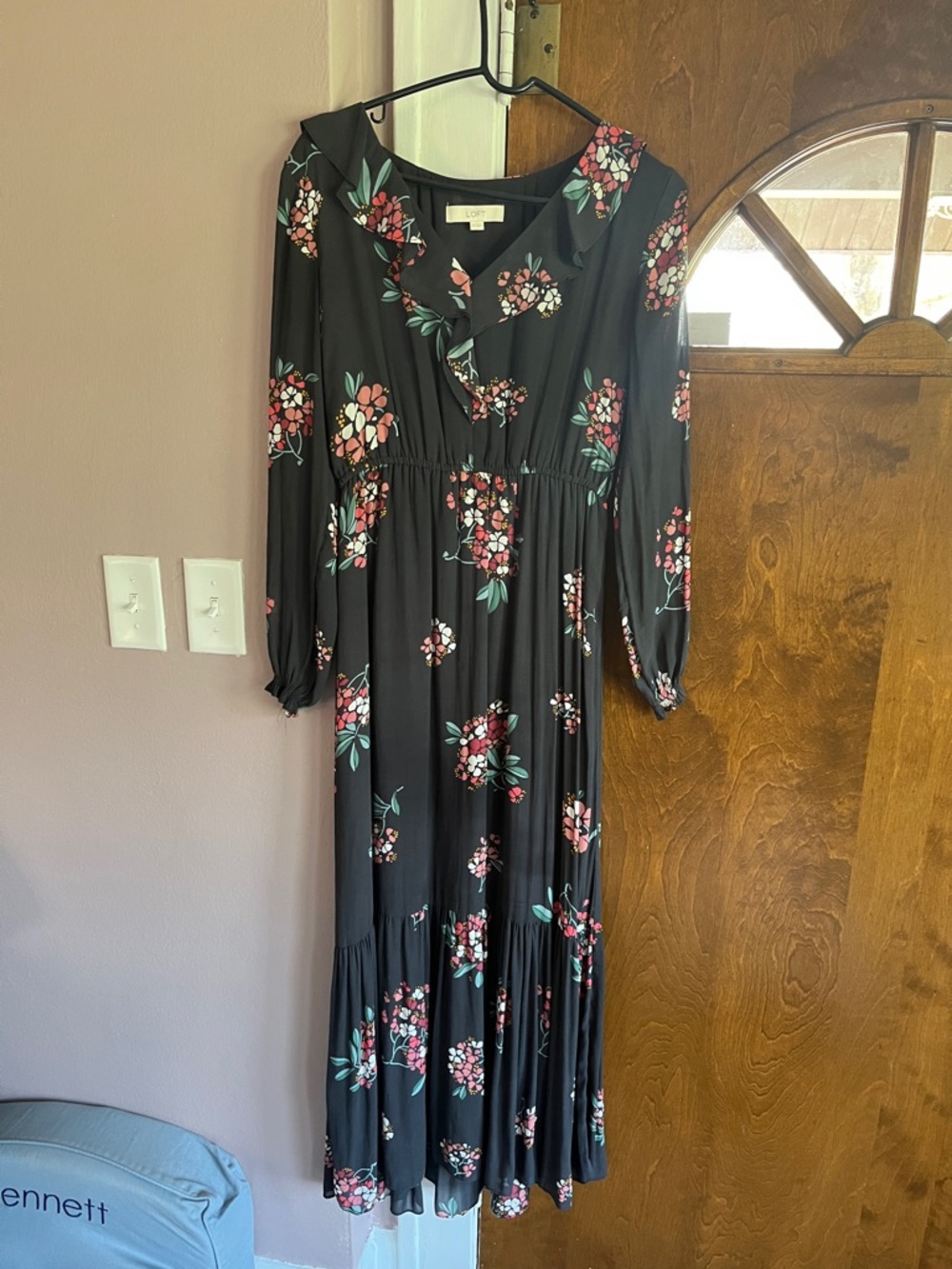 LOFT Navy Maxi Dress with Pink Floral Print